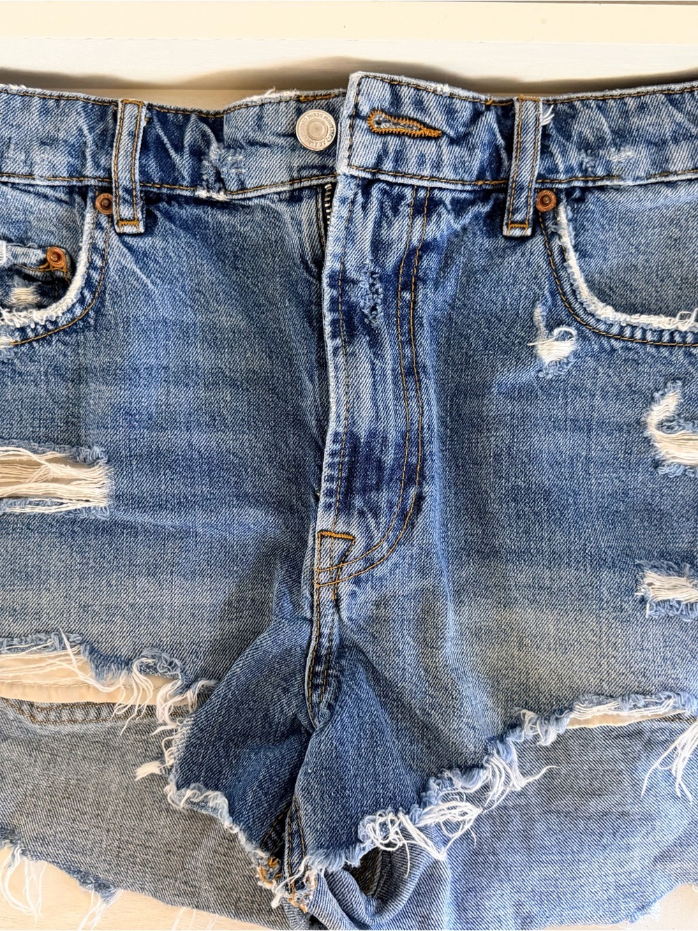 Zara Light Blue High-Rise Distressed Denim Shorts